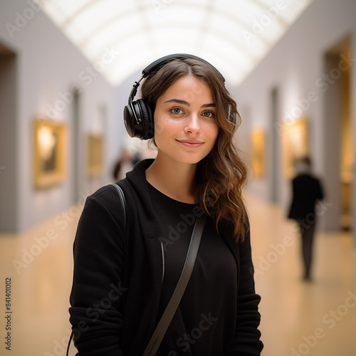 Attractive woman wearing headphones inside museum and looking at camera smiling