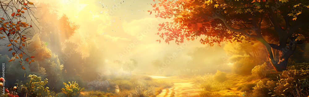 Autumn Abstract Panoramic Banner of autumn season landscape nature yellow scenery background
