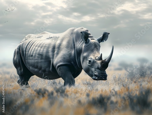 Powerful Rhinoceros Roaming the Savanna with Prominent Horn