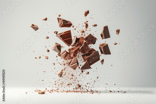 Levitating crashed chocolate in mid air on white background, artistic food photography concept photo