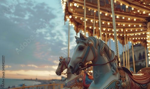 Vintage carousel with ornate horses painted in classic colors, Generative AI