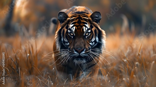 Majestic Tiger Prowling Through Tall Grass with Intense Focused Gaze in Wildlife Safari Habitat