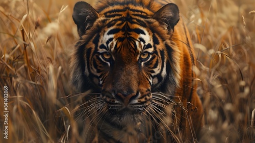 Majestic Tiger Prowling Through Tall Grass with Intense Gaze in Wildlife Concept