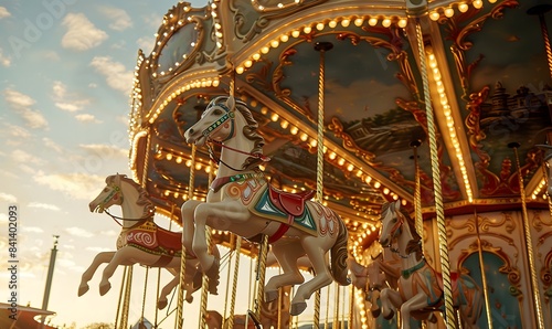 Vintage carousel with ornate horses painted in classic colors, Generative AI