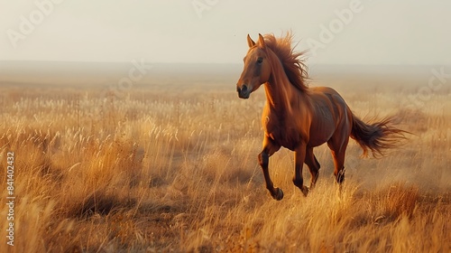 A majestic horse galloping freely across an open field its mane and tail streaming in the wind © Thares2020
