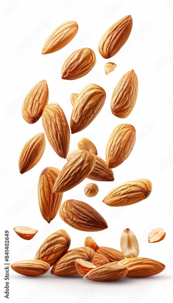 Surreal levitating nuts falling in mid air on white background, artistic and creative concept Surreal levitating nuts falling in mid air on white background, artistic and creative concept