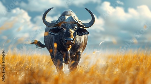 Mighty Buffalo Roaming the Vast Grasslands Powerful Horns and Sturdy Frame in Dramatic Lighting © Thares2020