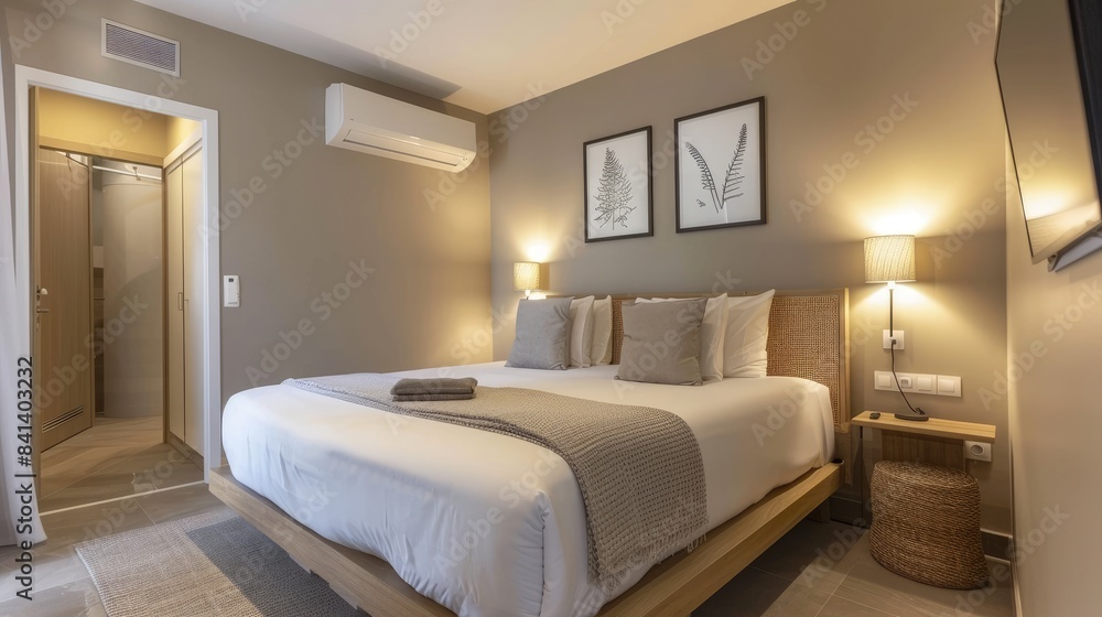 Stylish compact bedroom in soothing colors with a double bed portraying the idea of a snug hotel room Stylish compact bedroom in soothing colors with a double bed portraying the idea of a snug hotel room