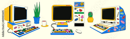Set of vintage computers in retro groovy style. Vector illustration of desktop computers with stickers. Y2k aesthetics.