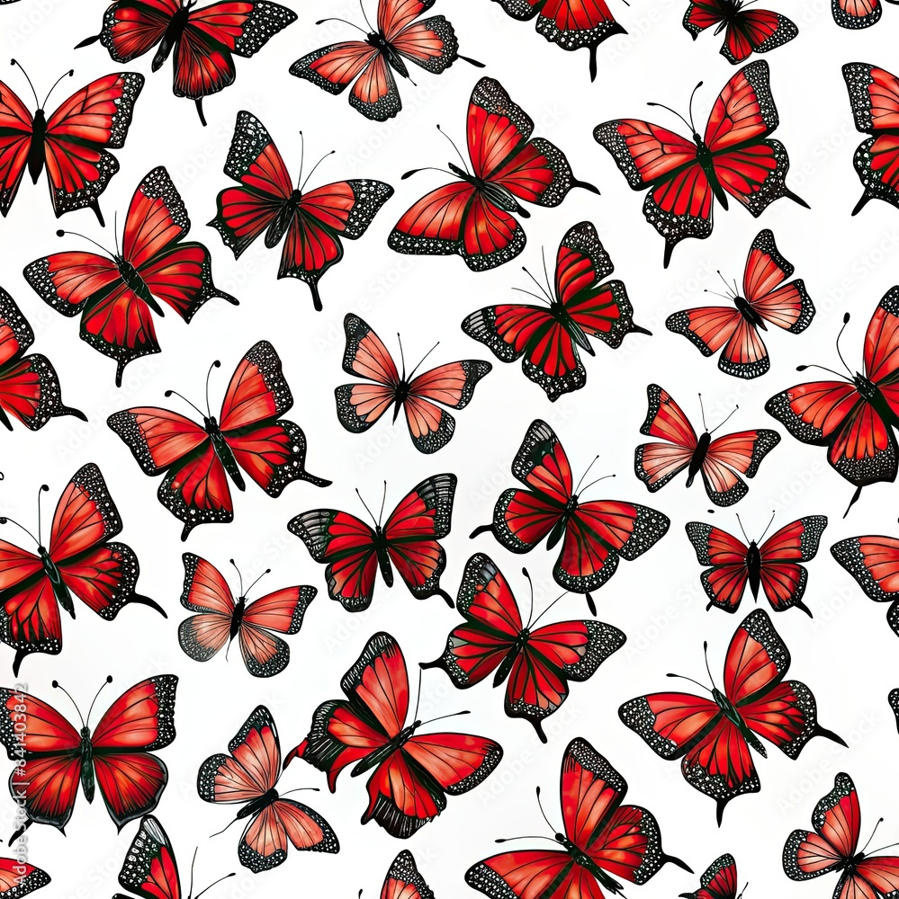 A seamless pattern of illustrated red and black butterflies on a white background. The butterflies are in flight, with their wings spread open. The illustrations are detailed and realistic, with the i A seamless pattern of illustrated red and black butterflies on a white background. The butterflies are in flight, with their wings spread open. The illustrations are detailed and realistic, with the i