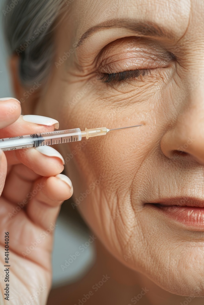 Cosmetologist administers botox to elderly woman with blurred background, space for text Cosmetologist administers botox to elderly woman with blurred background, space for text