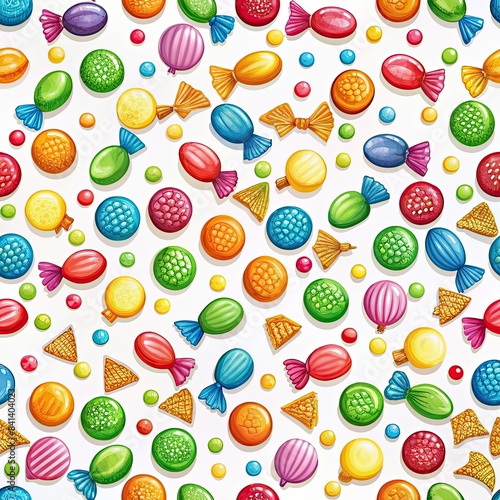 A cheerful, hand-drawn seamless pattern featuring an assortment of colorful candies, perfect for decorating various design projects. The pattern includes round candies, hard candies, wrapped candies,