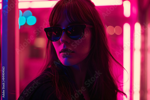 a woman with sunglasses in a neon lit room © Nam