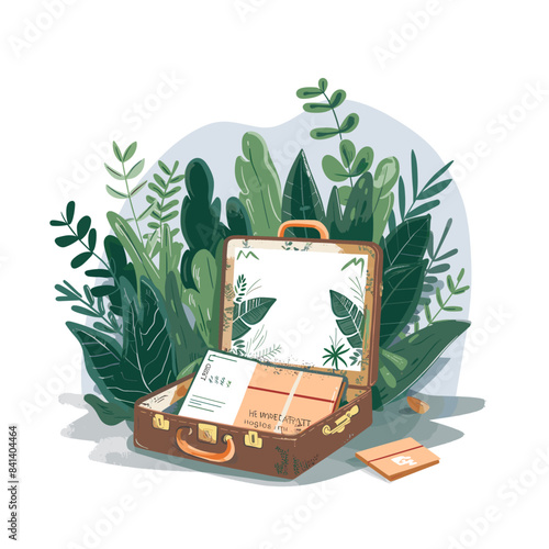 A travel suitcase filled with plants, postcards and bank cards in the style of flat illustrations