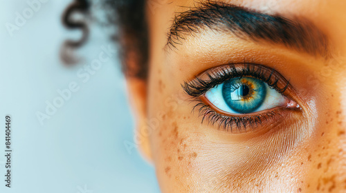 Close-up of a person's eye with visible eyelashes, on a light background, showcasing beauty and vision concepts. Generative AI