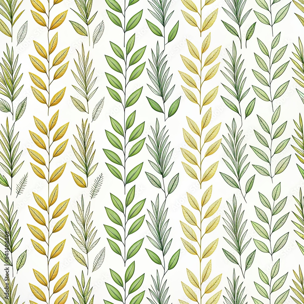 A seamless pattern featuring hand-drawn watercolor leaves in shades of green and yellow on a white background. Generative AI A seamless pattern featuring hand-drawn watercolor leaves in shades of green and yellow on a white background. Generative AI