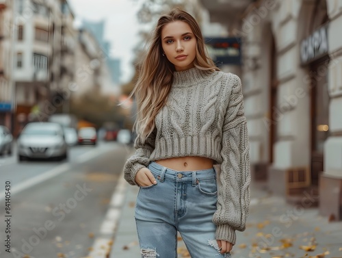 Stylish Woman in Cozy Cropped Sweater and High Waisted Jeans Strolling in the City © Thares2020