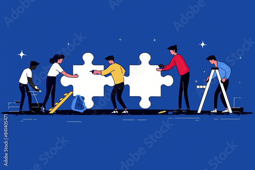 Illustration of a team working together to complete a large puzzle photo