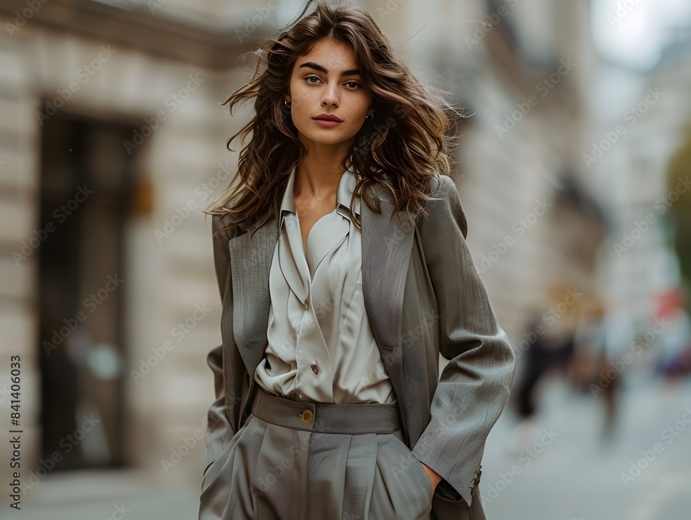 Confident and Elegant Woman in Oversized Blazer and High Waisted Trousers in Urban Setting