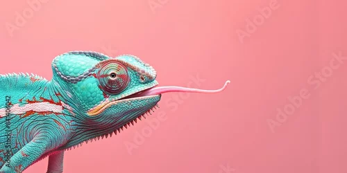 Obraz A close-up shot of a vibrant blue chameleon with its tongue extended, set against a soft pink background