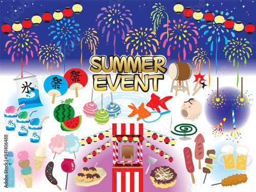 夏祭り　縁日　花火大会　お盆　手描き　かわいい　日本　イラスト　素材