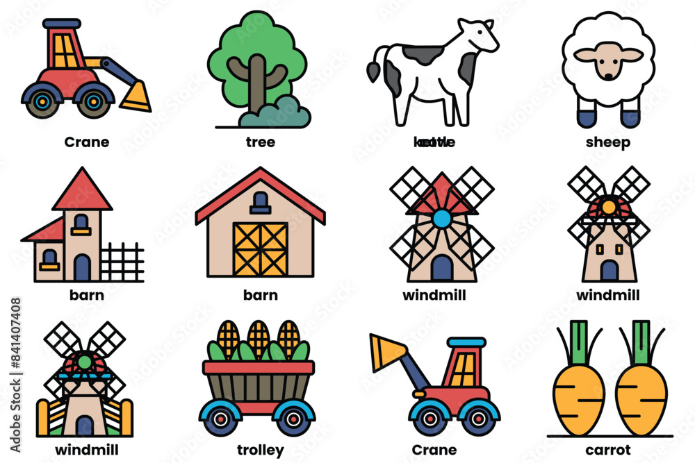 Fototapeta premium The image is a collection of farm-related icons, including tractors, windmills