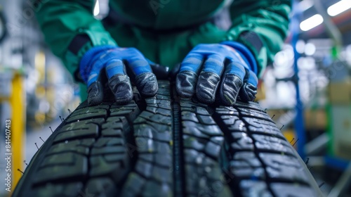 The worker inspecting tire