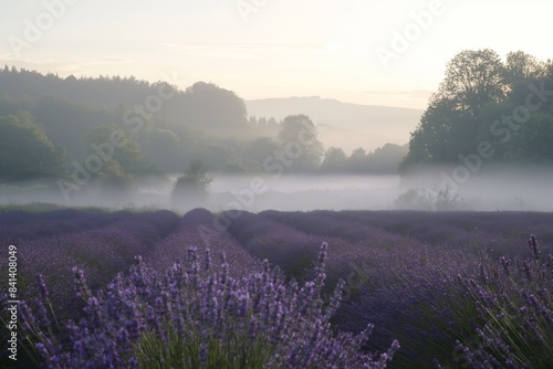 Misty Lavender Fields at Dawn