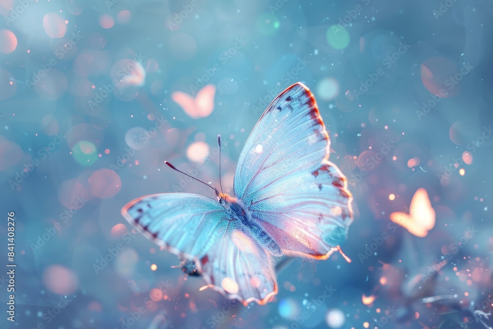 Spring or summer butterfly on white flower buds on a soft blurred blue background. Unique artistic image with great bokeh. Spring or summer butterfly on white flower buds on a soft blurred blue background. Unique artistic image with great bokeh.