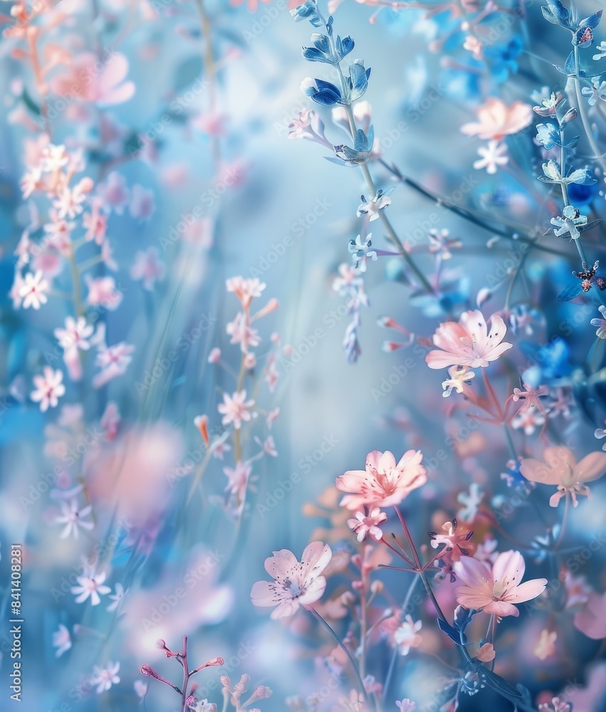 Fototapeta premium This is a gorgeous image of spring forest white flowers primroses on a blue background. Macro. Blurred gentle sky-blue background. Floral background desktop wallpaper. Great romantic background for