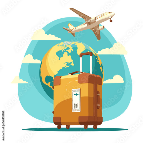 A cartoon-style suitcase with travel tags and an airplane flying above, with the Earth