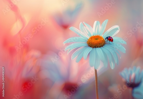 A flower with daisies and chamomile in a field of grass with a ladybug at sunset. A beautiful elegant romantic artistic image. Wallpaper desktops and cards. photo