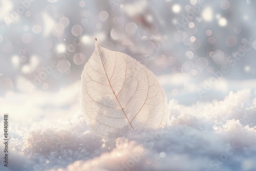 Skeleton leaf on snow outdoors in winter. Beautiful texture, sparkling round glistens bokeh blue pink. Nice romantic artistic image, Christmas and New Year.