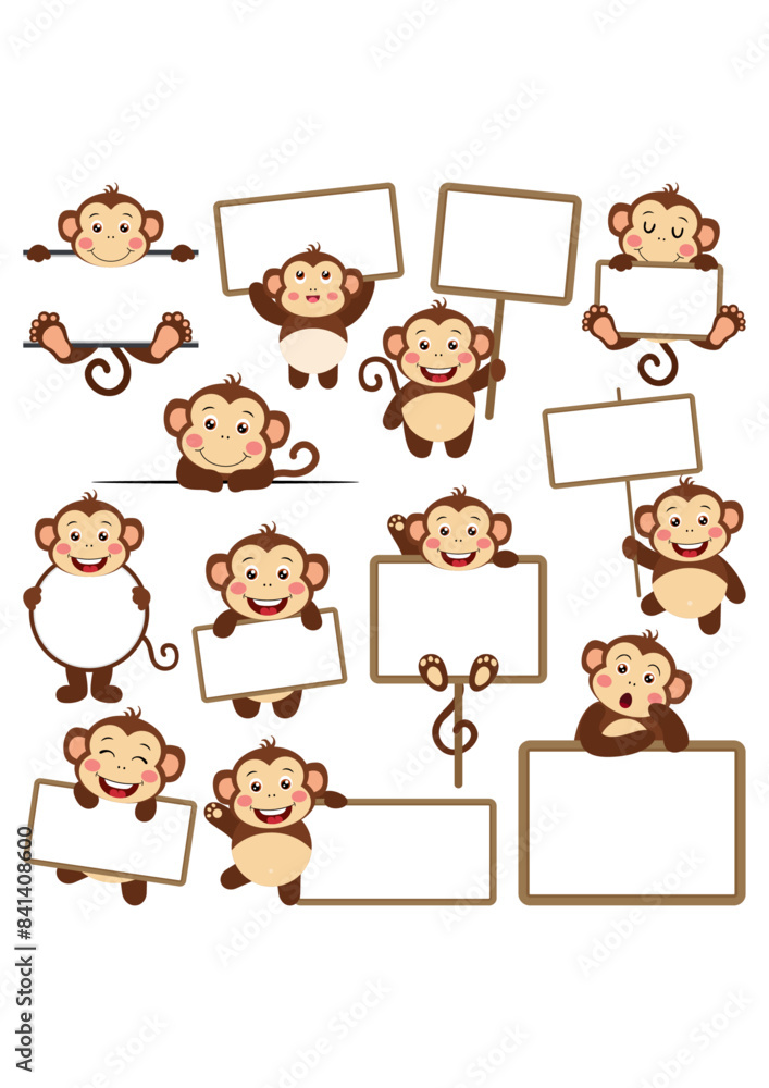 Set digital collage of monkey with blank banners Set digital collage of monkey with blank banners
