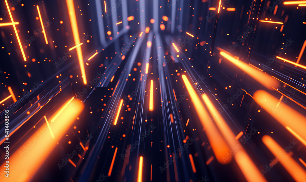 Fototapeta premium Abstract image of glowing orange light streaks and particles moving in a dark space, creating a futuristic and dynamic atmosphere