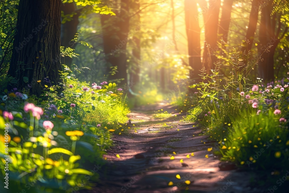 Fototapeta premium Spring in the deciduous forest in the morning sun. Young lush green trees.