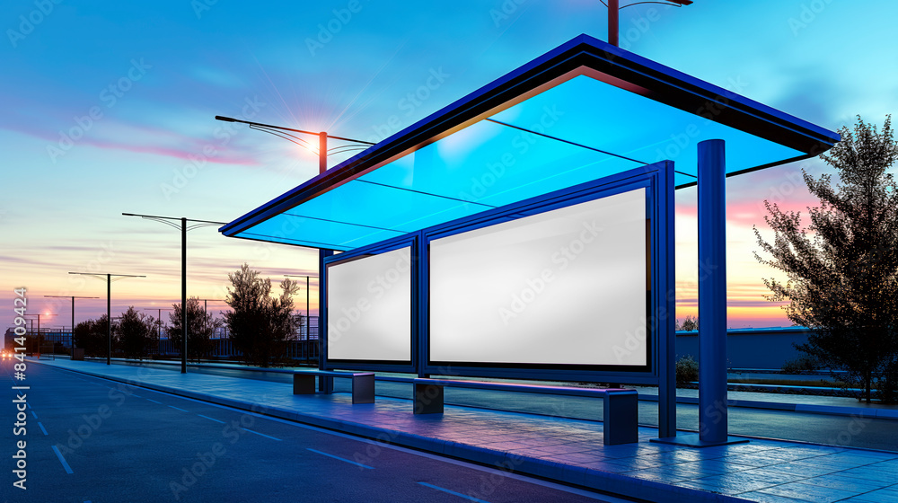 A bus stop with blank advertising billboards at twilight, photo-realistic, against a colorful sunset sky, concept of outdoor advertising space. Generative AI A bus stop with blank advertising billboards at twilight, photo-realistic, against a colorful sunset sky, concept of outdoor advertising space. Generative AI