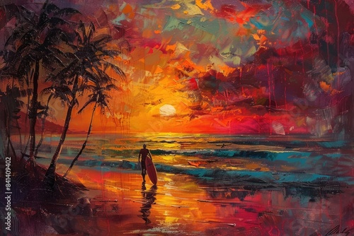 a painting of a sunset with palm trees in the foreground and a beach in the background with a person walking on the beach with a surfboard in the foreground