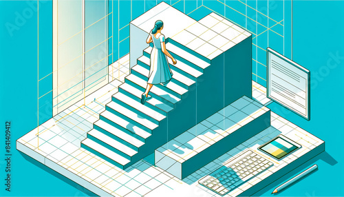 Illustration of a woman ascending stairs within an isometric office setting, on a blue and white grid background, embodying a progression concept. Generative AI