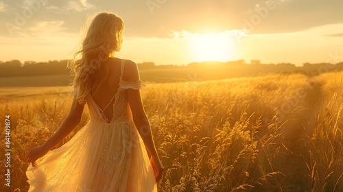 Ethereal Bohemian Silhouette in Sunlit Meadow Free Spirited Fashion Concept photo