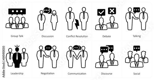 A set of 10 mix icons as group talk, discussion, conflict resolution