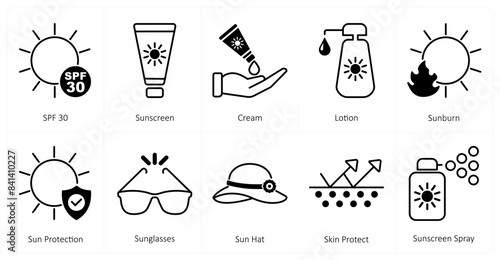 A set of 10 mix icons as spf 30, sunscreen, cream