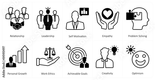 A set of 10 mix icons as relationship, leadership, self motivation