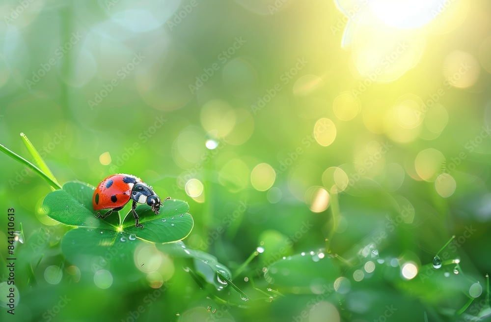 Beautiful nature background with morning fresh grass and ladybug. Grass and clover leaves in droplets of dew outside in summer in spring close-up macro. Beautiful nature background with morning fresh grass and ladybug. Grass and clover leaves in droplets of dew outside in summer in spring close-up macro.
