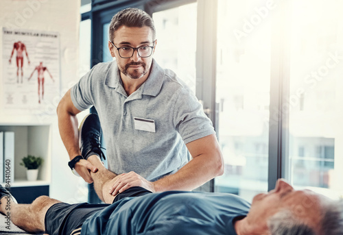 Fotografi Physiotherapy, senior man and stretching leg for knee pain, medical and consultant with injury support