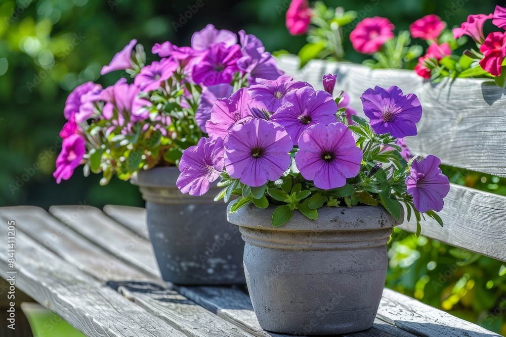 Fototapeta premium A pink petunia flower in a flowerpot on the ground of a garden plot in spring or summer.