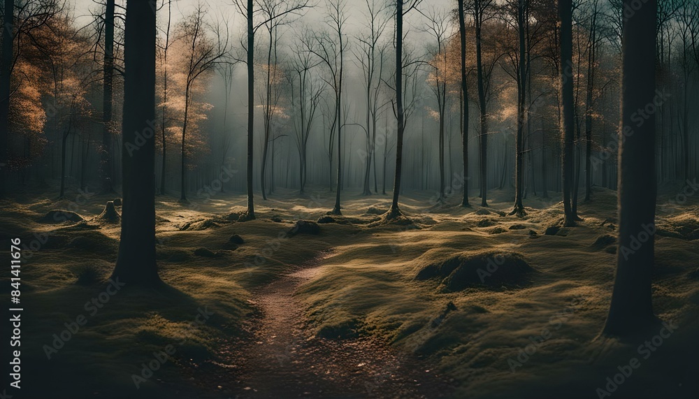 Obraz premium Misty forest ambience, deep woods view, trees with autumn leaves, nature photography, wildlife wallpaper