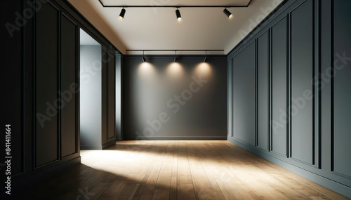 An empty room with spotlights  a dark wooden floor  and grey walls  suggesting a gallery or exhibition space. Generative AI
