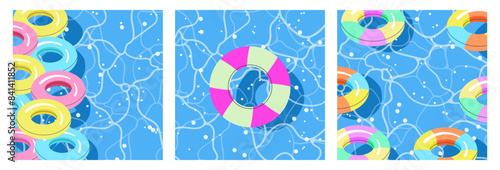 Colorful Inflatable Pool Rubber Rings on Water Set Background. Summer card 