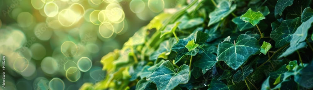 A natural background border with fresh juicy wild grape foliage and defocused bokeh outdoors in nature with a panorama, copy space, and natural background. A natural background border with fresh juicy wild grape foliage and defocused bokeh outdoors in nature with a panorama, copy space, and natural background.